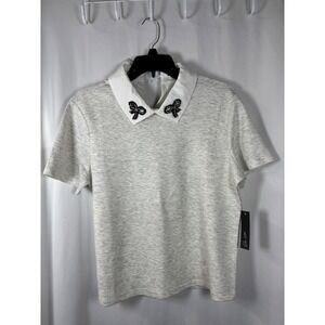 On 12th Womens Heather Grey Beaded Contrast Collar Short‎ Sleeve Top Large NEW
